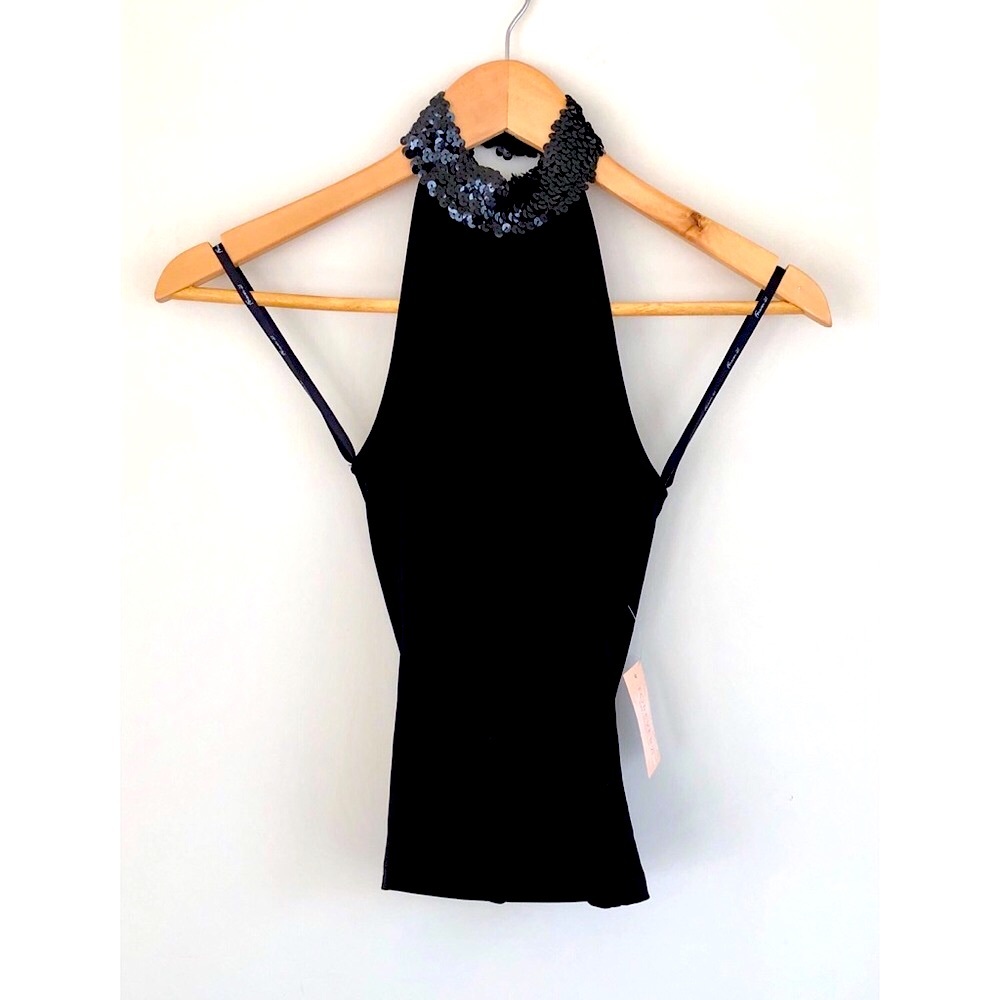 Black Sequined Collar Halter Top, XS Juniors. NWT